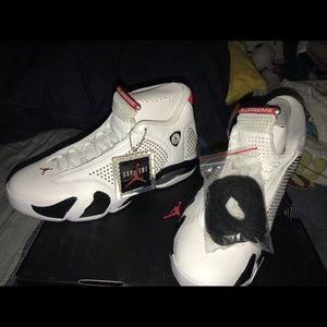 Jordan 14 Supreme (white, varsity red, and black)